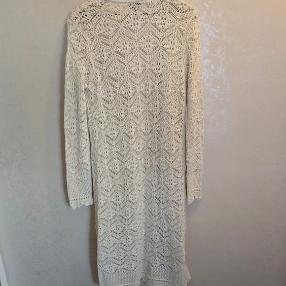 Freshman 1996 Ivory Crochet Knit Duster Cardigan Boho Longline Sweater - Size L - Picture 5 of 8